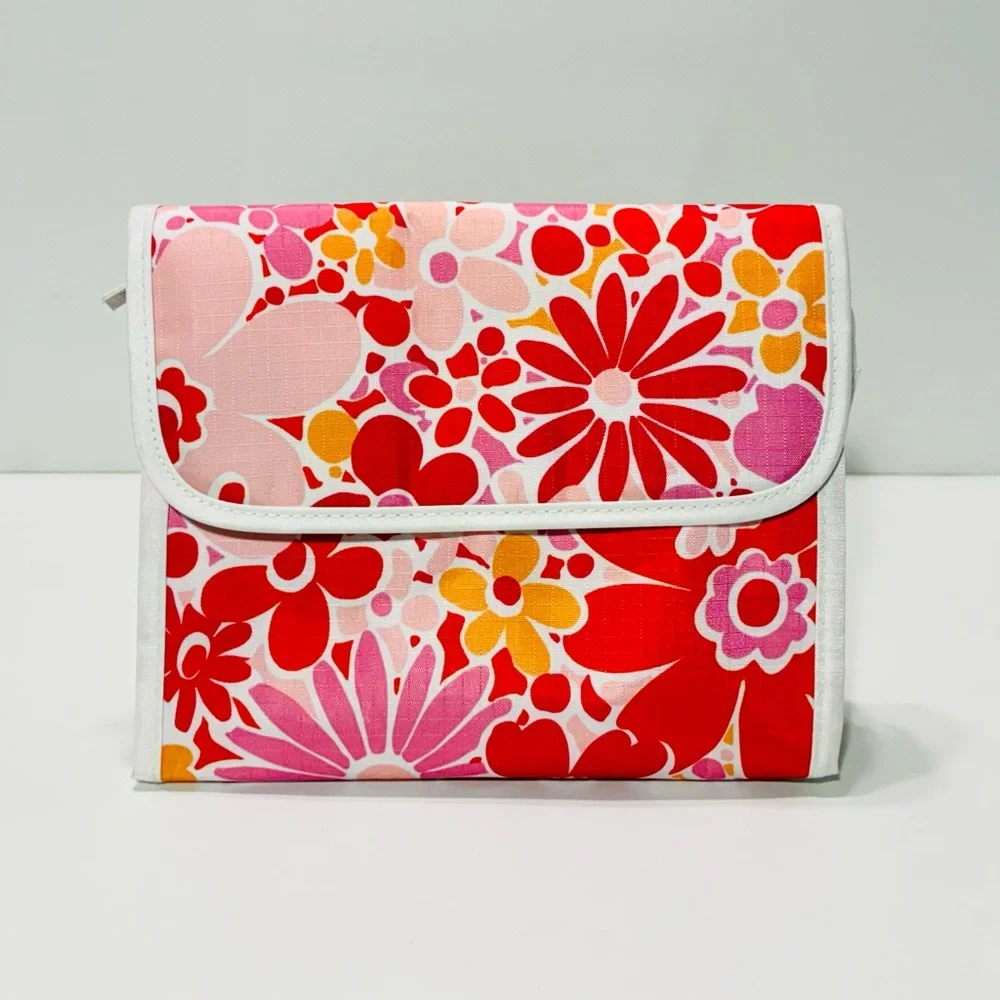 Clinique Floral Cosmetic Bag Pink Red Orange 3”D x 8”W x 6.5”H
